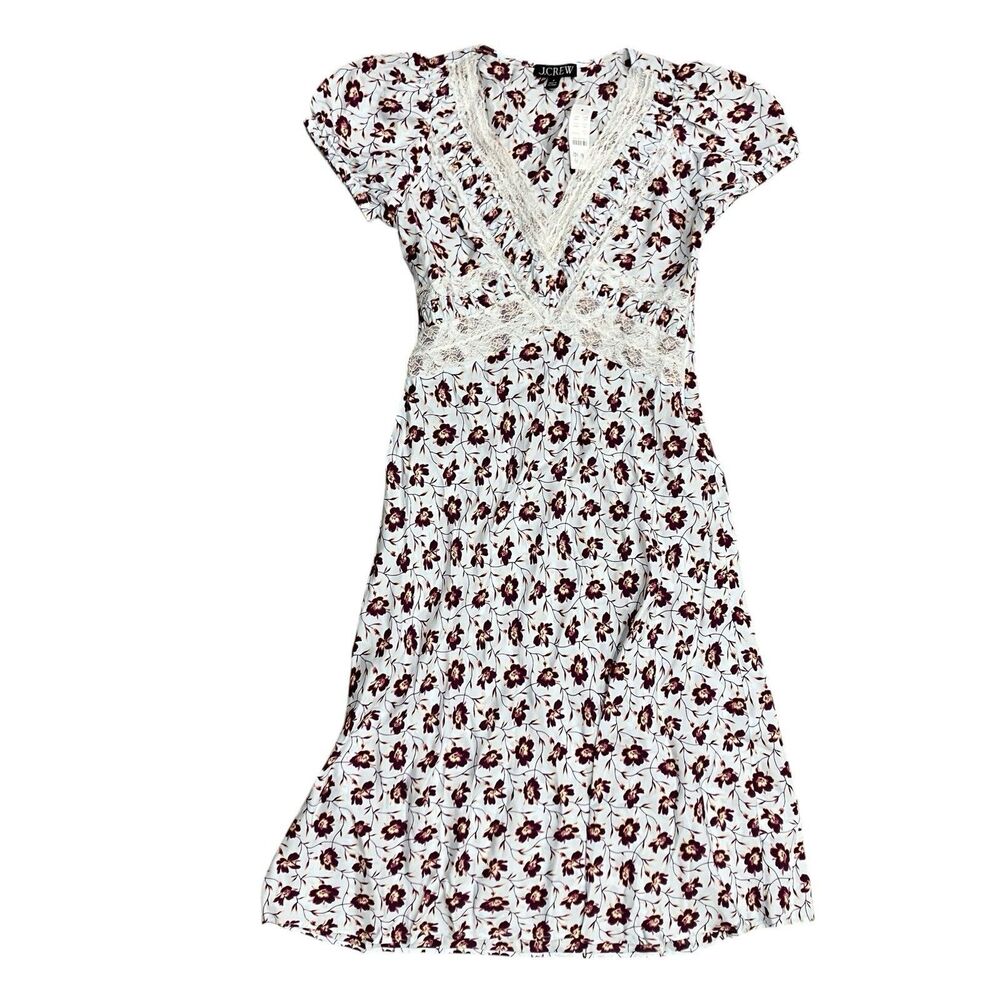 J Crew Midi Floral Lace Trim Dress Womens 0 White Burgundy V Neck Puff CS846